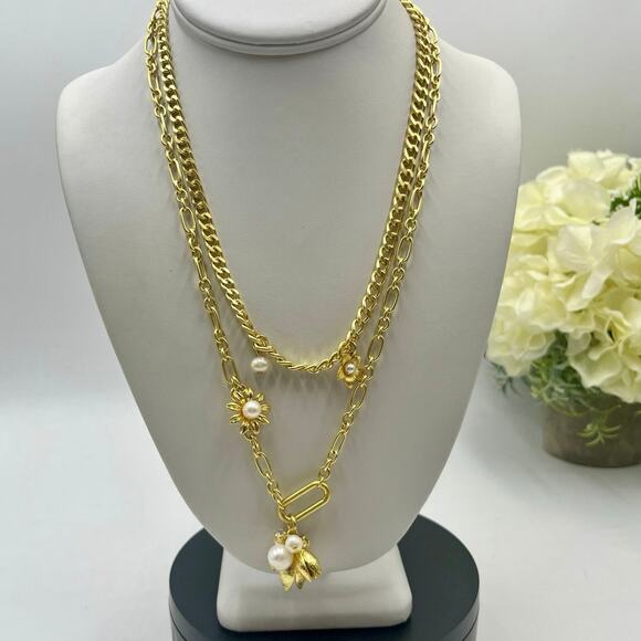 & Other Stories Embellished Double Strand Curb Figaro Chain Flower Necklace - Picture 1 of 7
